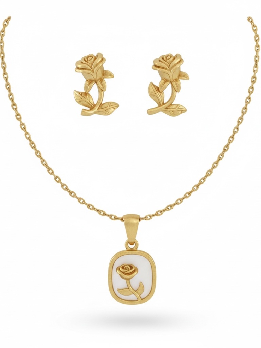 Gold Tone Stainless Steel Rose Pendant Necklace and Stud Earring Set